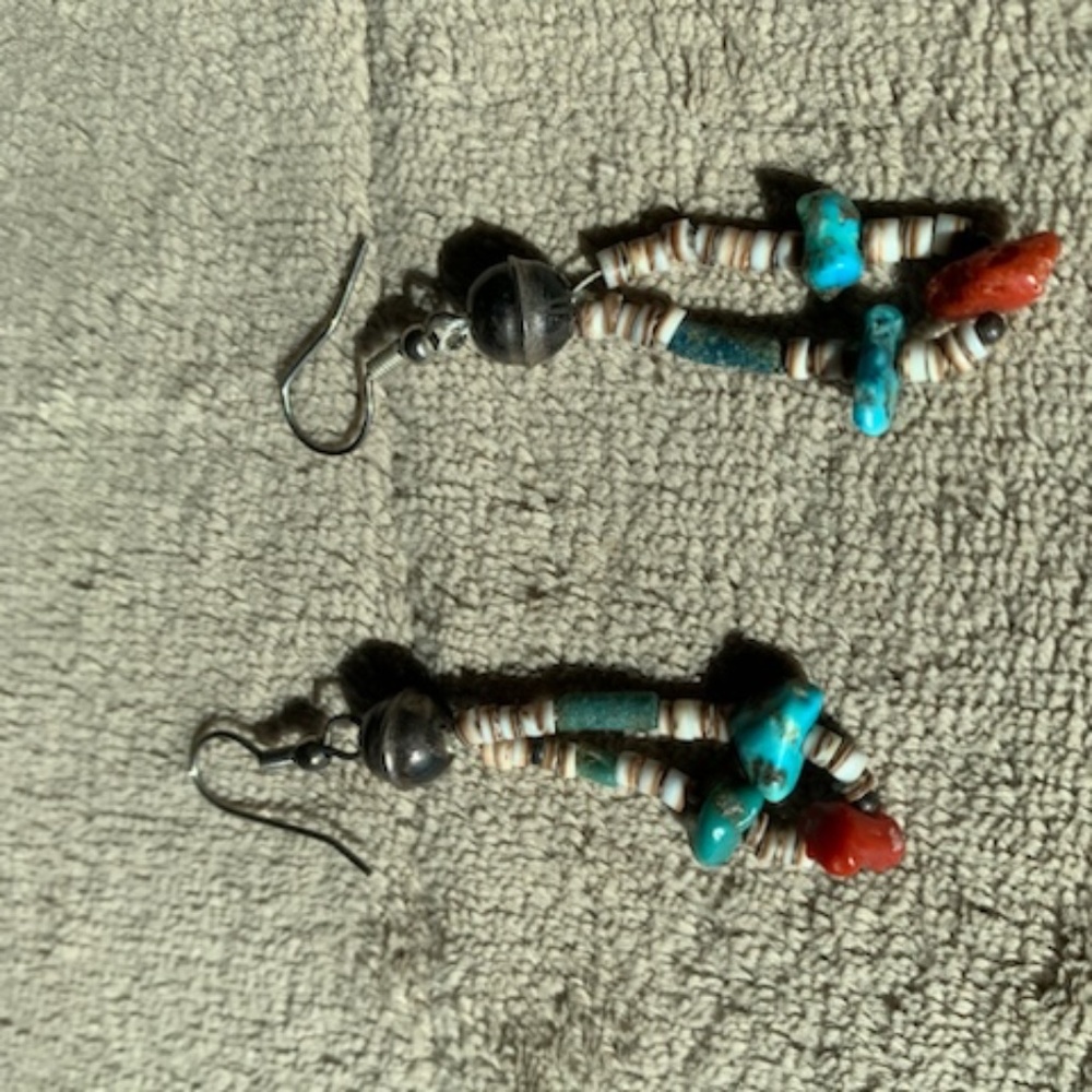 Turquoise/coral/ shell dangle earrings, beautiful